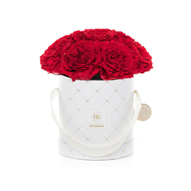 Geschenkidee für die Mama: Blossom Box - Premium White Rote Gartenrosen inkl. Flowertopper und Karte